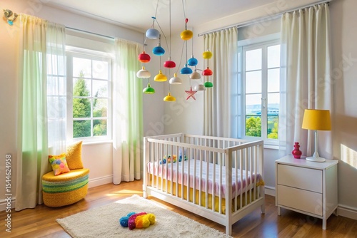 A colorful room with a crib and a toy house