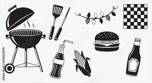 Barbecue grill icon collection. Kettle grill, spatula, tongs, burger, corn, soda and ketchup icons. Summer cookout graphics for picnic poster and menu