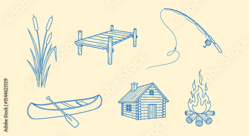 Lakeside cabin adventure set. Canoe, dock, fishing rod, campfire, cattails and log cabin icons. Rustic outdoor illustration for camping branding