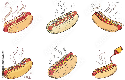 Hot Dogs Vector Designs Set Flat Minimal Sausage Snack Illustrations for Fast Food Lovers
