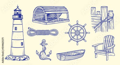 Hand drawn nautical illustration set – lighthouse, lobster trap, rope, anchor, ship wheel, rowboat, pier pilings, Adirondack chair. Coastal maritime vibe for beach-house decor, poster, branding