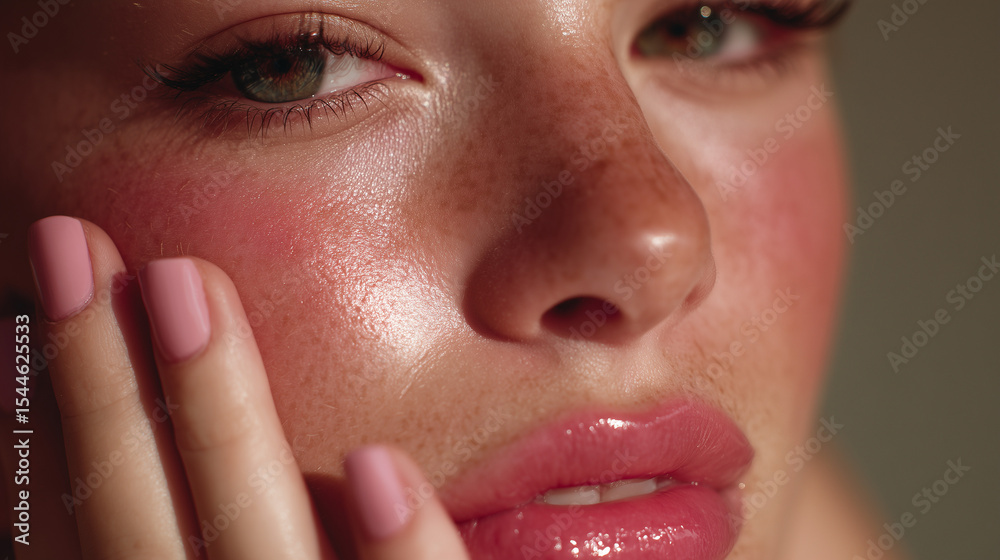 Naklejka premium extreme close-up of an woman’s face with glossy lips, flushed cheeks, natural dewy skin, and pastel pink manicure gently pressing her cheek, soft lighting, editorial skincare style