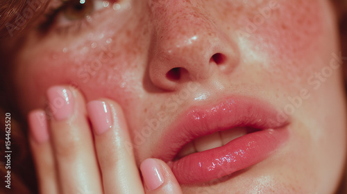  extreme close-up of an woman’s face with glossy lips, flushed cheeks, natural dewy skin, and pastel pink manicure gently pressing her cheek, soft lighting, editorial skincare style