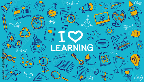 Doodles education. Hand drawn vector pattern background back to school with icon symbols. Doodle of foreign language education course for home online training study. EPS10.
