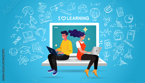 Online education concept. Welcome back to school. Flat design pattern with child. Laptop with educational app in the screen. E-learning platform. Distance lessons, video course, internet class. vector
