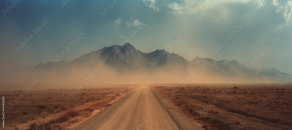 Fototapeta premium Vast panoramic desert landscape with distant mountains and a straight road leading to the horizon, featuring dust clouds, dry terrain, and atmospheric particles under a muted, cinematic tone