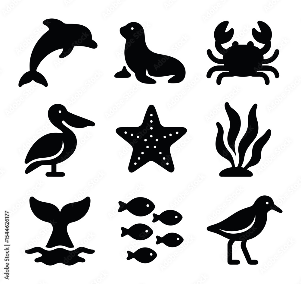 Fototapeta premium Ocean Wildlife Icons. Solid, filled icons set of cliff and ocean wildlife: dolphin, seal, crab, pelican,