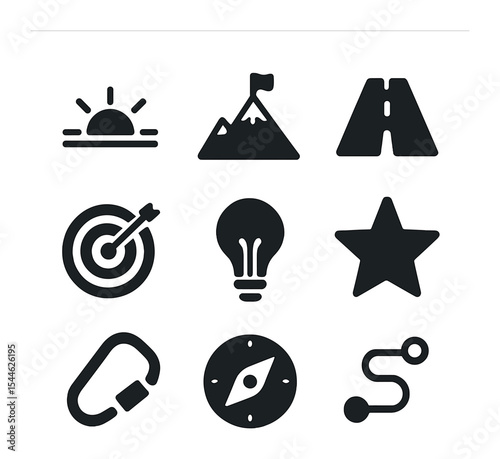 Motivational Icon Grid. Solid, filled icons set of inspirational and motivational themes: rising sun, mountain