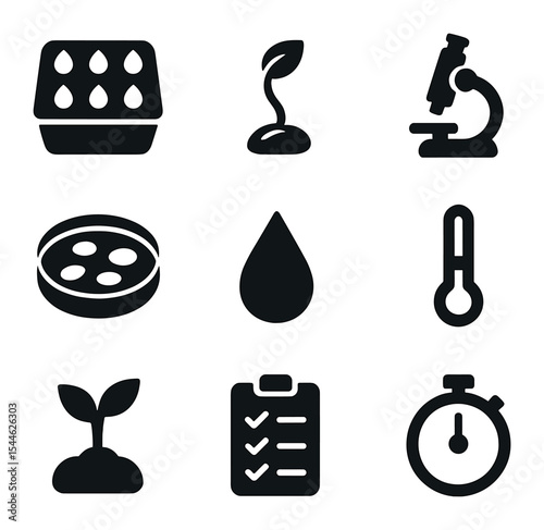 Seed Viability Icons. Solid, filled icons set of seed viability testing: germination tray, sprout icon,