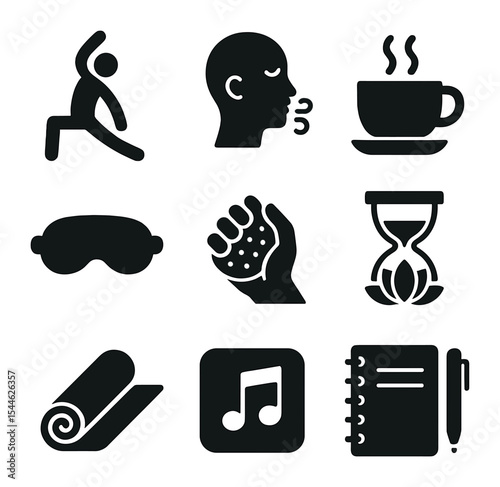 Wellness Icons Grid. Solid, filled icons set of wellness and relaxation breaks: stretching pose, deep