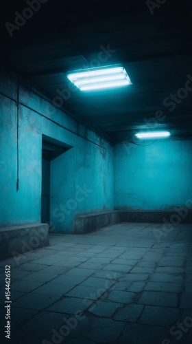 Mysterious cerulean room, echoes of bygone gatherings, moody seclusion for World Urbanism Day or International Light Day ambiance