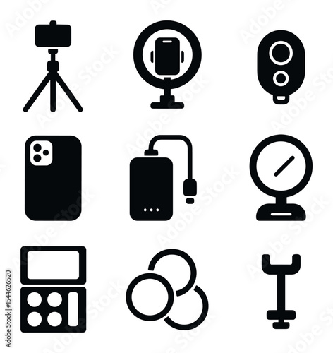 Selfie Accessories Grid. Solid, filled icons set of selfie accessories: tripod, ring light, Bluetooth remote,