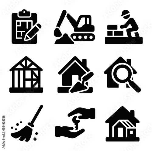 Construction Phases Icons. Solid, filled icons set of construction project phases: planning, excavation,