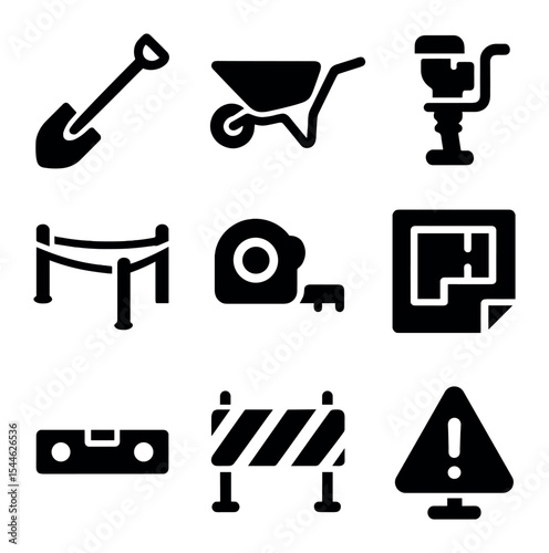 Construction Tools Icons. Solid, filled icons set of site preparation: excavation shovel, wheelbarrow, soil