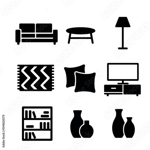 Modern Living Room Icons. Solid, filled icons set of modern living room styles: sectional sofa, coffee table,