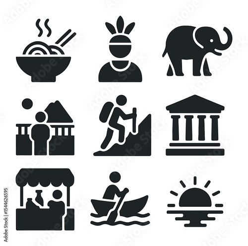 Travel Moments Icons. Solid, filled icons set of memorable travel moments: local food, cultural festival,