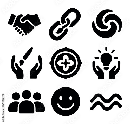 Art Collaboration Icons. Solid, filled icons set of art collaborations and cultural sharing: handshake icon,