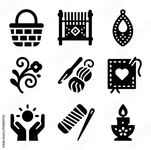 Folk Art Icons. Solid, filled icons set of folk art and traditional crafts: basket icon, loom icon, beaded
