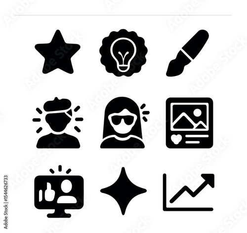 Art Influencer Icons. Solid, filled icons set of art influencers and digital creators: star icon, creative