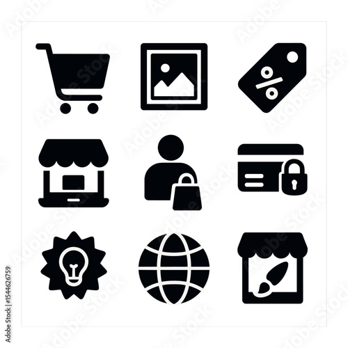Art Sales Icons Grid. Solid, filled icons set of art sales and digital marketplaces: shopping cart, art icon,