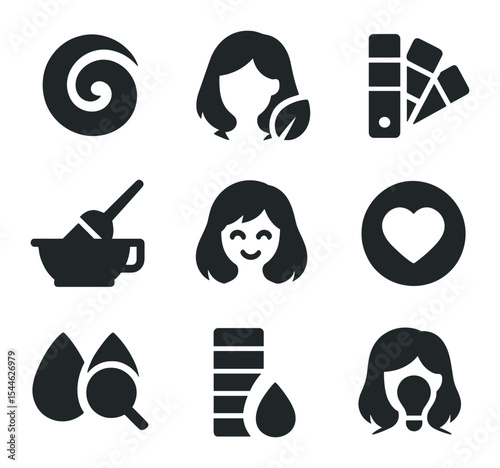 Hair Color Trends. Solid, filled icons set of hair color trends and seasonal shades: trendy swirl, seasonal