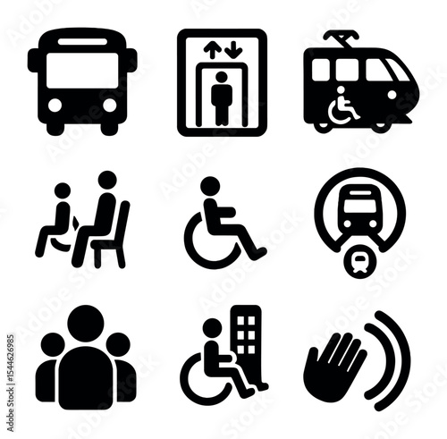 Transport Accessibility Icons. Solid, filled icons set of public transport accessibility: bus icon, elevator