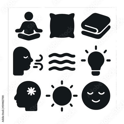 Inner Calm Icons. Solid, filled icons set of finding inner calm and relaxation: meditation icon, soft pillow,