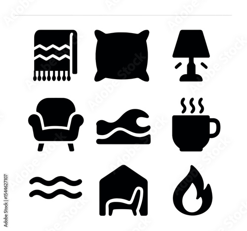 Cozy Living Icons. Solid, filled icons set of slow living and cozy home vibes: warm blanket, soft pillow,