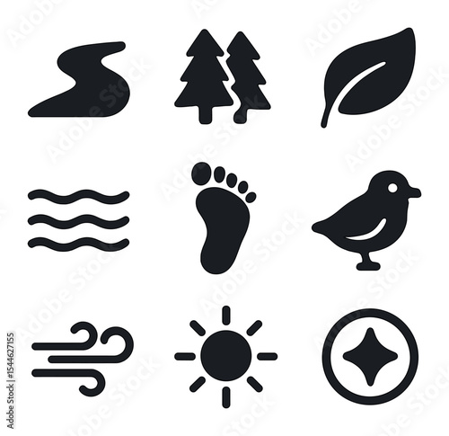 Nature Walk Icons. Solid, filled icons set of nature walks and solo adventures: nature path, forest icon,