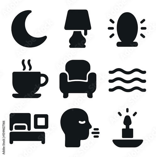 Mindful Evening Icons. Solid, filled icons set of mindful evening rituals: moon icon, night lamp, soft glow,