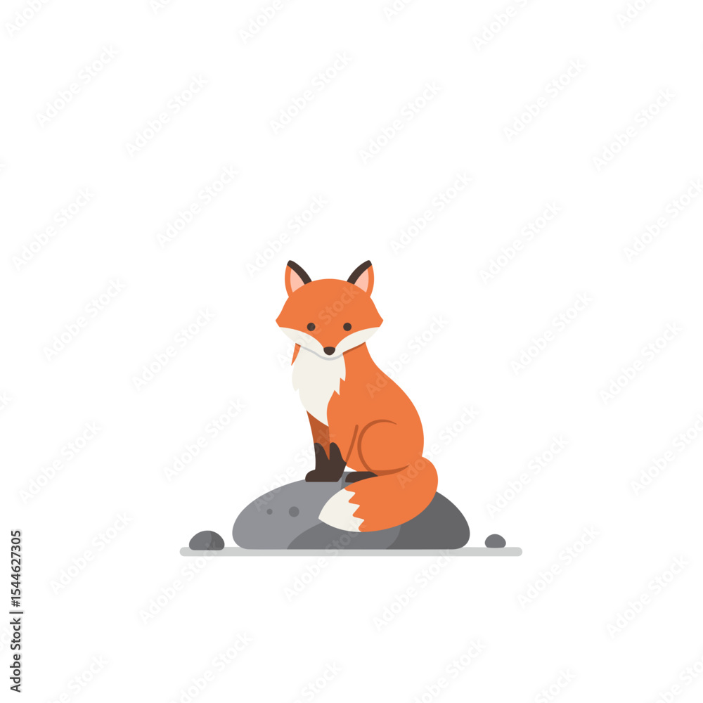 Obraz premium Cartoon Fox Sitting on a Smooth Gray Rock with White Tipped Tail.