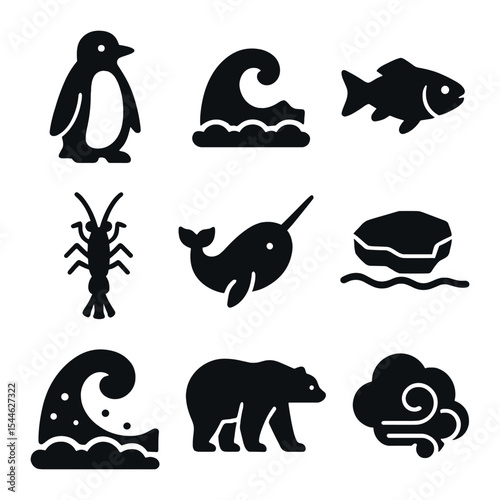 Arctic Marine Icons. Solid, filled icons set of Arctic and Antarctic marine life: penguin icon, icy wave, cold