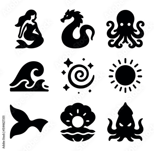 Mythical Sea Icons. Solid, filled icons set of mythical and fantasy sea creatures: mermaid icon, sea dragon,