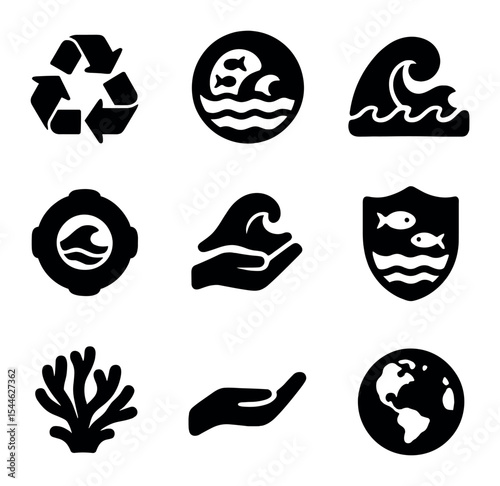 Ocean Conservation Icons. Solid, filled icons set of ocean conservation and marine protection: recycle icon,