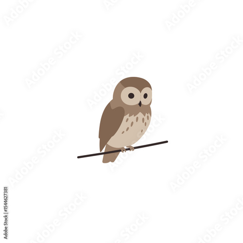 Cartoon Owl Perched on a Branch Featuring Detailed Feather Markings.