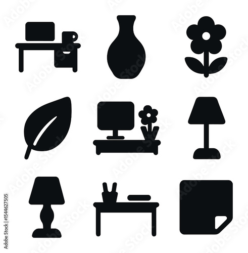 Home Office Icons. Solid, filled icons set of home office and desk florals: work table, ceramic vase, fresh
