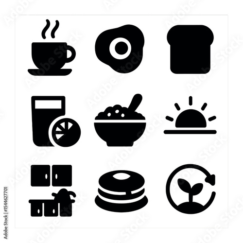 Breakfast Icon Grid. Solid, filled icons set of breakfast cooking and morning vibes: coffee cup, fried egg,