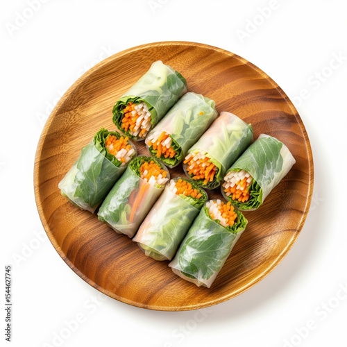 Fresh Vietnamese Spring Rolls on Wooden Plate, Isolated White Background
