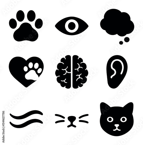 Animal Consciousness Icons. Solid, filled icons set of exploring the consciousness of animals: paw icon,