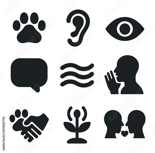 Communication Icons Grid. Solid, filled icons set of interspecies communication: animal paw, gentle ear, eye