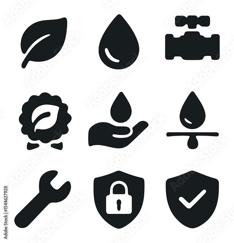 Water Safety Icons. Solid, filled icons set of water conservation and home safety: leaf icon, water icon, main