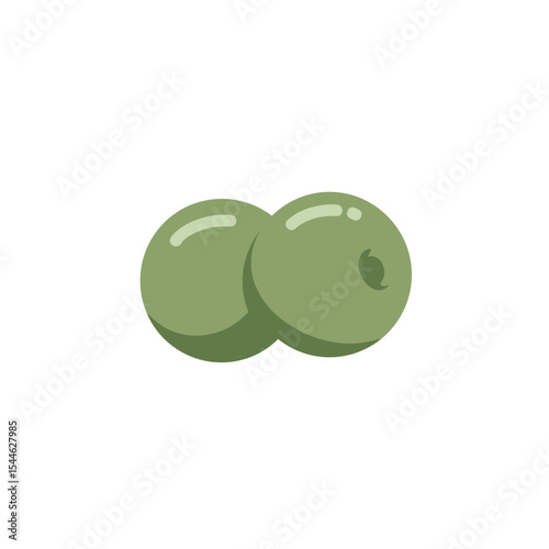 Two glossy green olives one with a pit depicted in a simple flat style.