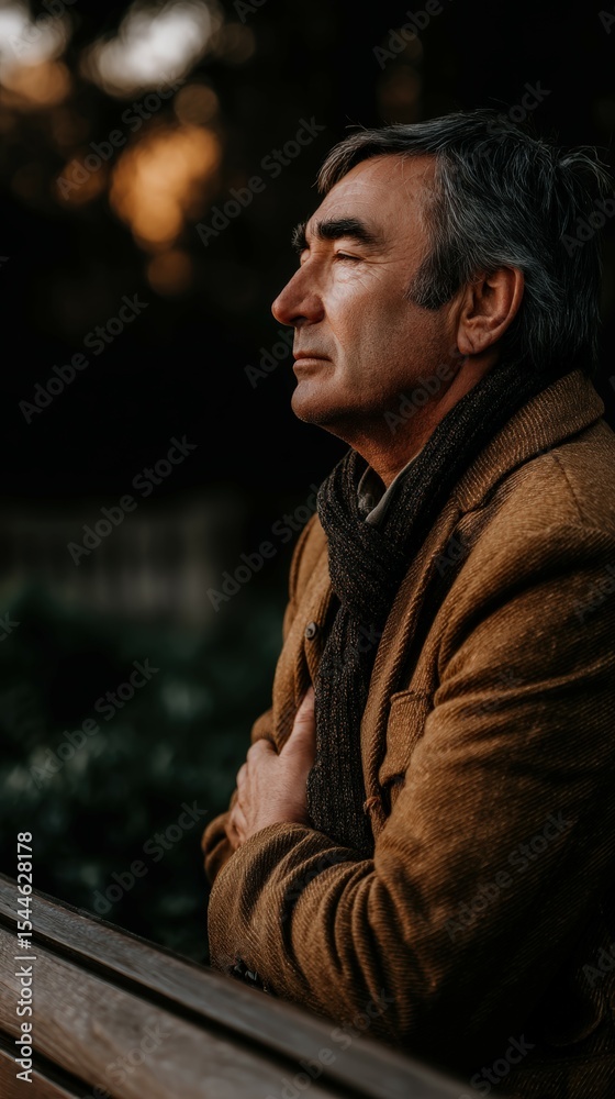 Fototapeta premium Elderly man rests on a bench in Park during Autumn Day