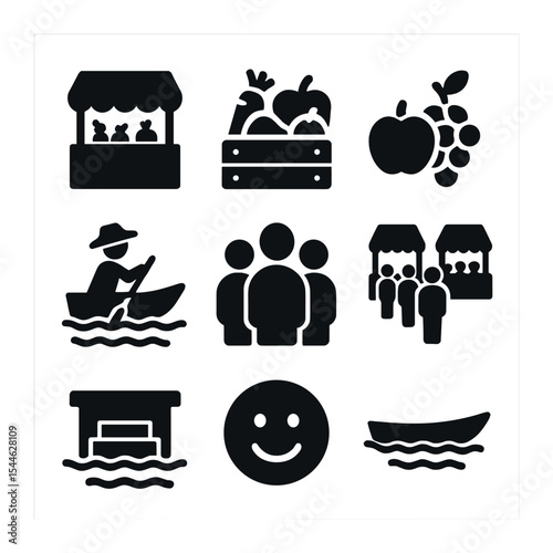 Floating Market Icons. Solid, filled icons set of floating market and local commerce: market stall, fresh