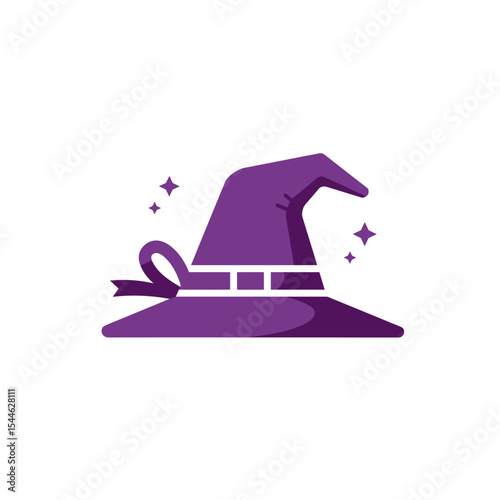 Stylized Purple Witch Hat with Ribbon and Stars for Halloween.