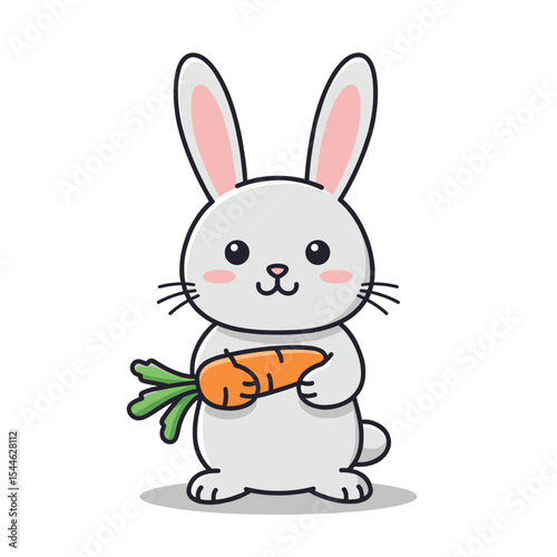 Cartoon bunny with pink cheeks holding an orange carrot with green leaves.