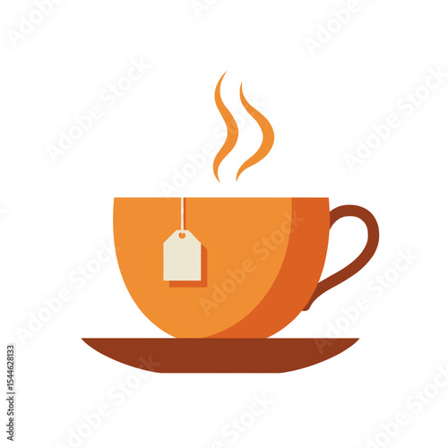 Steaming Orange Tea Cup with Tea Bag and Saucer Illustration.