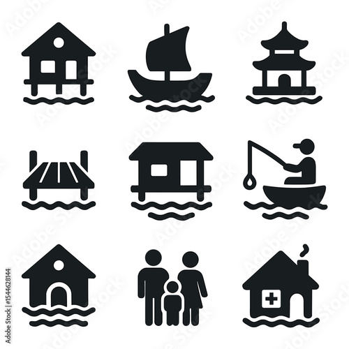 Floating Villages Icons. Solid, filled icons set of floating villages and cultural heritage: heritage house,