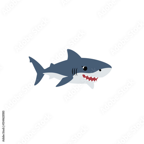 Cartoonish Blue Shark with Red Teeth and Black Eyes Swimming Left.