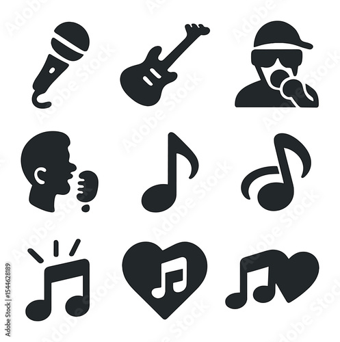 Music Genre Icons. Solid, filled icons set of music genres and karaoke favorites: pop icon, rock icon, rap